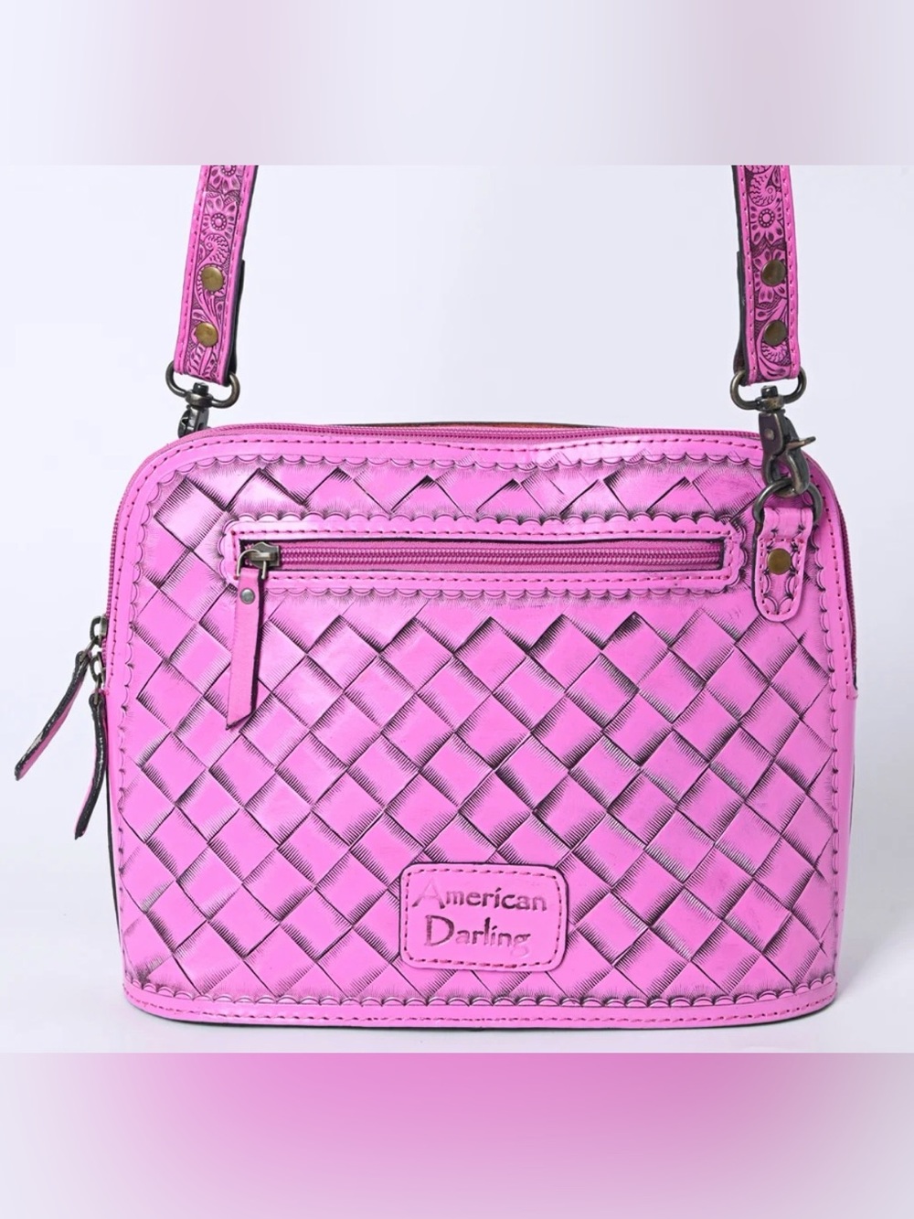 Western Bag Floral Tooled Pink Leather Crossbody Bag - Picture 5 of 6